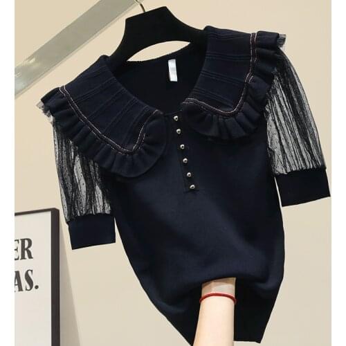 Womens Knitted T-shirt Lapel Short Sleeve T Shirt Female Top Summer Tshirt White Black