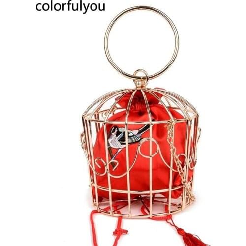 Womens Birdcage Evening Bag Gold Clutches Metal Ring Handle Handbag for Ladies Embroidery Tassel Chain Bucket Bag Purse
