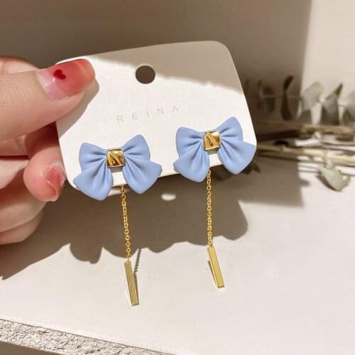 2021 New Trendy Sweet Candy Color Acrylic Cute Small Bowknot Long Chain Dangle Earrings For Women Simple Korean Fashion Jewelry