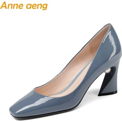 New Spring/Autumn Genuine Leather Women Pumps Pearl High Strange Heels Pointed Toe Sexy Office Ladies Women Shoes Blue Pumps