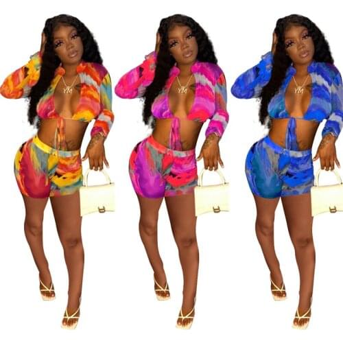 Tie Dye Print Two Piece Set for Women Lace Up Flare Sleeve Crop Shorts Fashion Casual Summer Beach Suit Female Tracksuit