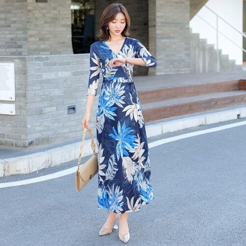 New arrival fashion boho dress women elegant beach vacation sexy v-neck print split floral print wrap slim long a-line dress