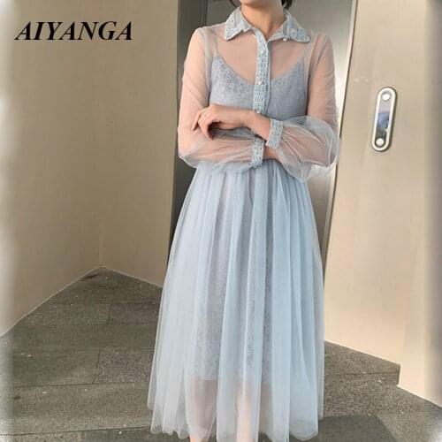 2019 Spring Dress Women 2 Piece Set High Waist Mesh See-through Ladies Dresses Casual Boho Style Lace Pullovers Sets 3 Colors