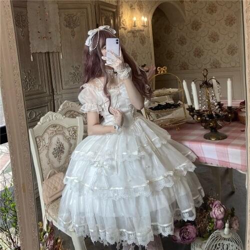 Woman Wedding Dress French Fairy Bow Ruffle Wedding Dress Lolita Girls Sweet Gorgeous Lo White Dresses Princess Tea Party Palace