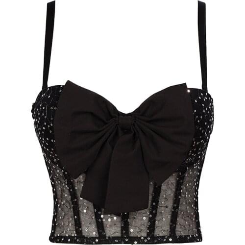 Bow Sequins Vest Sexy Female Nightclub Pole Dance Costume Gogo Jazz Dancing Performance Clothes Bar DJ Dancer Stage Tops YS1953