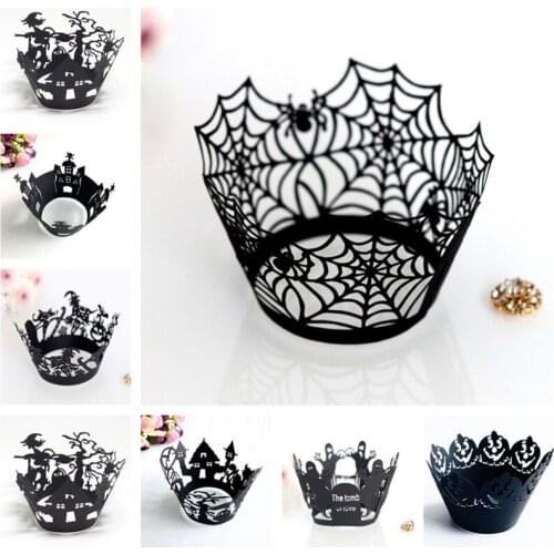 12pcs Halloween Party Cupcake Wrapper Baking Cup Hollow Paper Cake Wrapper Witch Spiderweb Castle Halloween Decorations for Home
