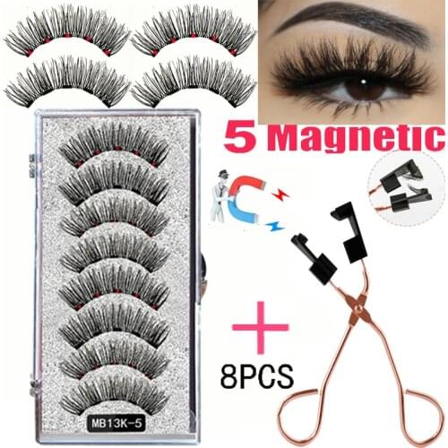 LEKOFO 8PCS 5 Magnetic eyelashes with 4 pairs magnets magnetic lashes natural Mink eye lashes with faux cils magnetique tweezers