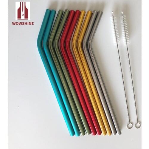 Promotion! WOWSHINE aluminum drinking straws 10 straws+2 brushes 215*8MM bent five colors free shipping