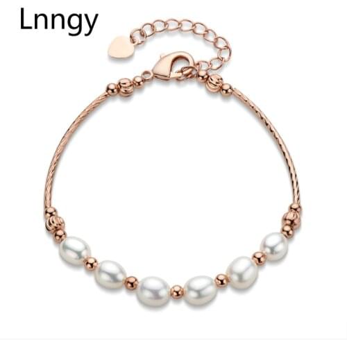 Lnngy 14K Gold Filled Pearl Bracelet 6-7mm Natural Freshwater Oval Pearl Rose Gold Color Chain Bracelet Women Wedding Jewelry
