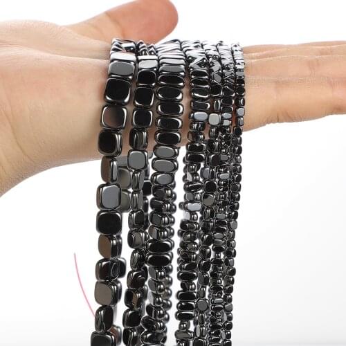 Natural Stone Beads Flat Fillet Cube Black Hematite Loose Spacer Beads for Jewelry Making Needlework DIY Bracelet Necklace 3-8MM