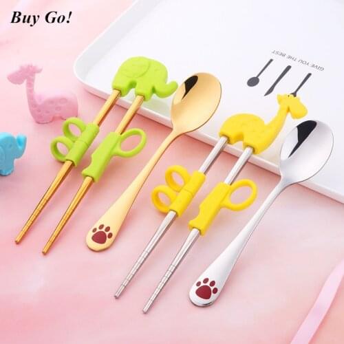 1 Set Child Cartoon Portable Training Tableware Stainless Steel Learning Training Chopsticks With Spoon Kids Lovely Cutlery Sets