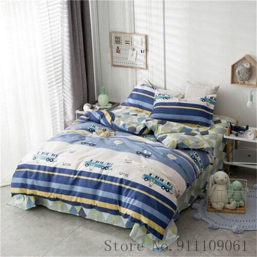 Home Textiles Duvet Cover Pillowcase Bed Sheet Car Bus Blue Stripe Bedding Linens Set Children and Adult Bedclothes 3/4Pcs