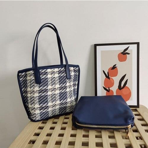 Yeqofcd Elegant Lady Tote Woolen Cloth Shoulder Bag Lattice Stripe Design Handbag Fashion Trend Hand Bags Women Purse Wallet Set