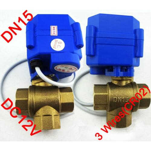 1/2" Electric Valve 3 way T port, DC12V Motorized valve 3 wires(CR02), DN15 Mini electric valve for fluid direction regulating