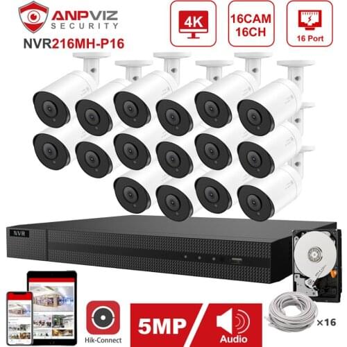 Hikvision OEM 16CH 4K NVR Anpviz 5MP POE IP Camera System 16pcs Indoor/Outdoor IP Camera Security Surveillance Kit IP66 30m P2P
