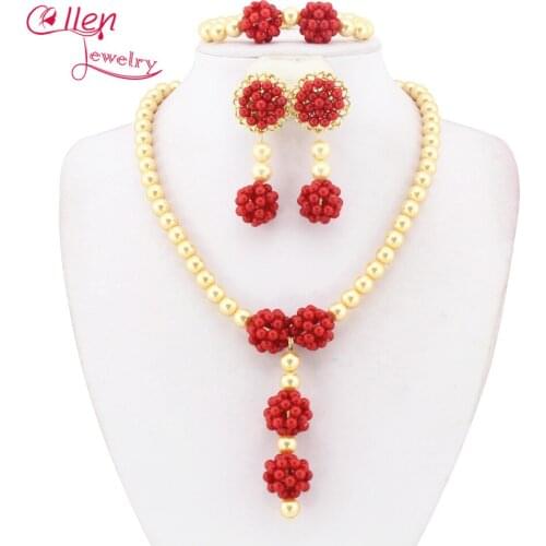 Dubai Nigerian african coral beads wedding jewelry sets for brides womens Rose red fashion jewelry set E1185