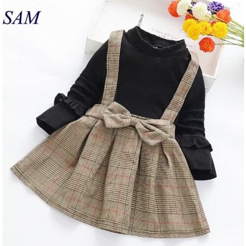 2020 Fashion Knitted Toddler Girls Dress Autumn Plaid Long Sleeve Fake 2pcs Dresses Childrens Princess Clothes