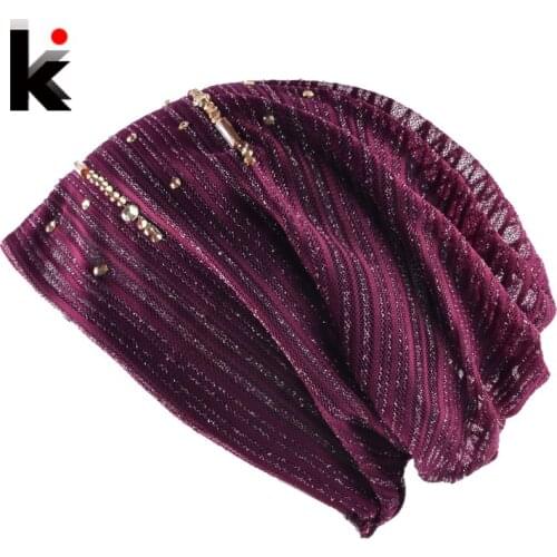 Fashion Lace Striped Rhinestones Beanie Hats For Women Casual Diamond Turban Bonnet Caps Female Thin Skullies E Gorros Mulheres