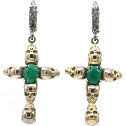 52x25mm Hiphop 14.6g Vintage Real Green Emerald Red Ruby Skull For Man Street Jewelry Black Metal Silver Earrings Daily Wear