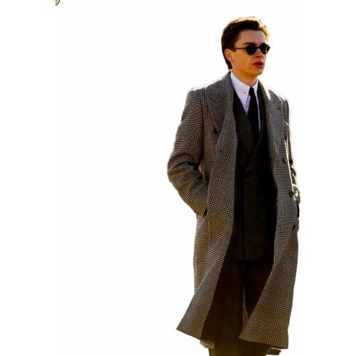 England Style Mens Woolen Good Quality Coat Plaid Winter Warm Double-Breasted Thick Plus V-Neck Overcoat Casual Male Overcoat