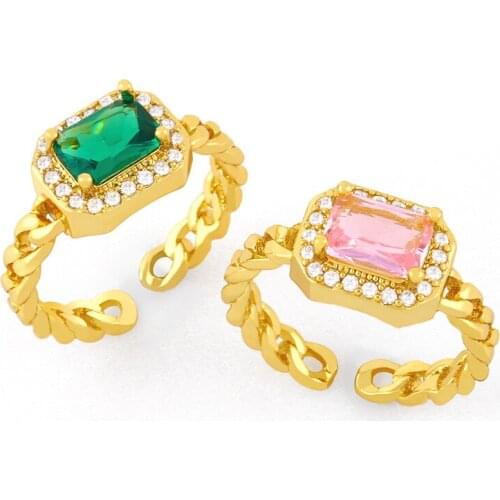 New Trendy Vintage 18k Gold Plated Ring Emerald Zircon Inlaid Square Stone Rings For Women Men Adjustable Jewelry