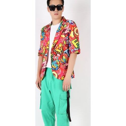 New mens red hip hop printing casual blazer fashion cool half sleeve adjustment suit party show stage suit