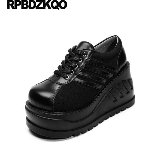 Lace up pumps high quality discount creepers genuine leather shoes women platform gothic heels size 4 34 black round toe wedge