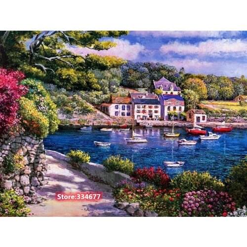 Scenery Seaside Town Hous Cross Stitch Kits Painting Needlework Embroidery Crafts 14ct Unprinted DIY Arts Handmade Home Decor