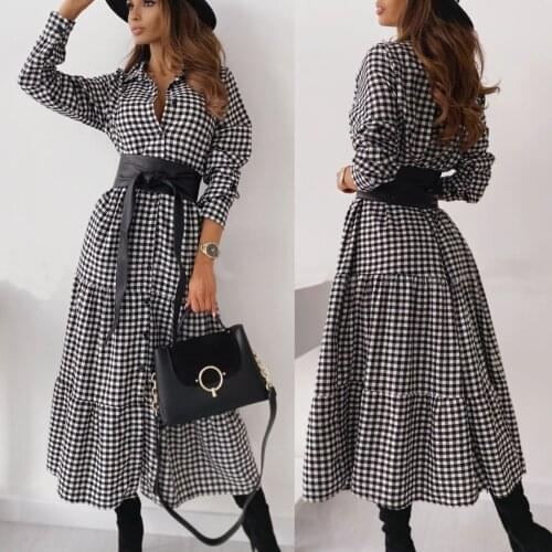 Women Long Sleeve Plaid Turn-down Collar Button Mid-Claf Dress+Belt женское платье dames jurken French high waist slim straps F4