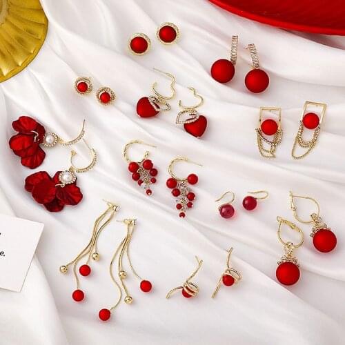 Romantic Elegant Red Earrings New Year Jewelry Series Charms Cute Pearl Gem Tassel Long Drop Ears Female Gift 2021 New