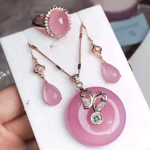 S925 pure silver natural pink purple chalcedony safety buckle Earring Ring three piece set