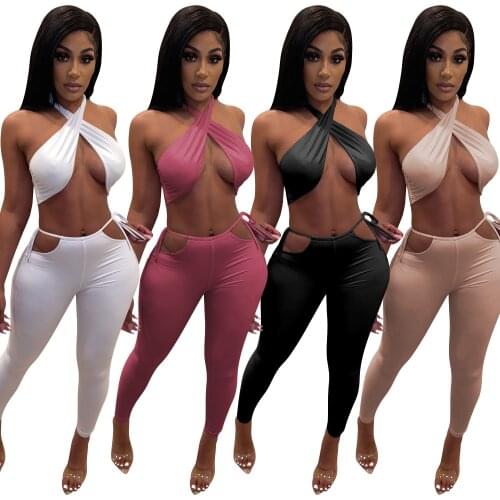 Sexy Lady Two Piece Sets Summer Sleeveless WomenS Set Outfits Halter Tops Hollow Out Trousers Set Club Party Tracksuit