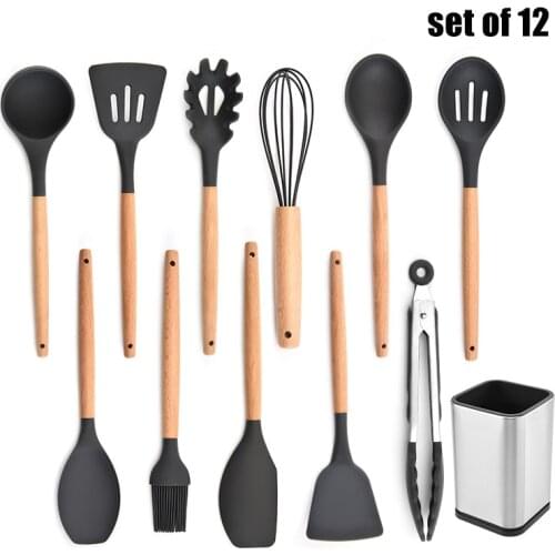 Silicone Kitchenware Set Nonstick Cooking Shovel Spoon Wooden Handle Cooking Tool Spatula Kitchen Gadgets Utensil Set GQ