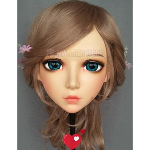 Yan-03)Female Sweet Girl Resin Half Head Kigurumi Mask With BJD Eyes Cosplay Japanese Anime Role Lolita Mask Crossdress Doll