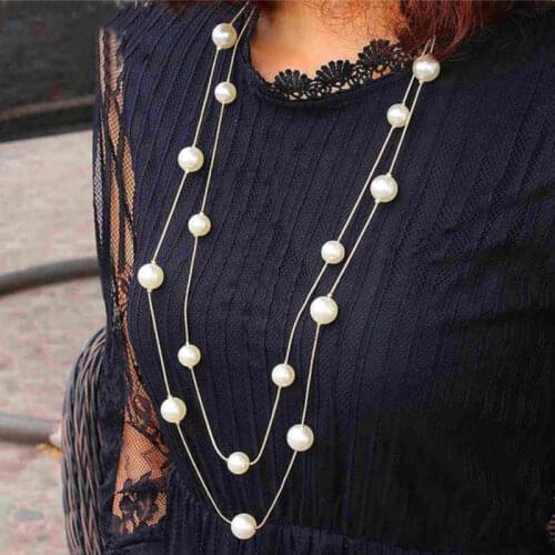 Pearls Long Chain Necklace Double Layer Sweater Chain Lady Clavicle Collar Necklace Jewelry Party Prom Necklaces