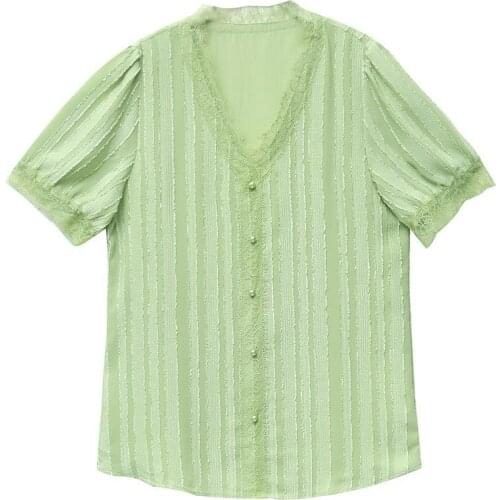 Womens Spring Summer Style Chiffon Blouses Shirt Womens V-neck Solid Color Short Sleeve Button Korean Casual Lace Tops DD8619