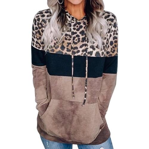 Women Sweatshirt Long Sleeve Leopard Patchwork Hooded Sweatshirt Drawstring Hoodies Loose Pullover Tops With Pockets Casual Coat