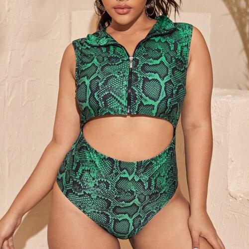 Women One Piece Zipper Swimsuit Plus Size Swimwear Vintage Green Leopard High Waist Sleeveless V Neck Tankini Bathing Suits