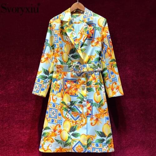 Svoryxiu Runway Designer Autumn Winter Vintage Long Trench Coat Womens Long Sleeve Lemon Print Double Breasted Overcoat Outwear