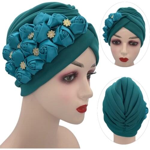 Newest Elegant Turban Hats Rose Flowers Womens Cap Muslim Headscarf Bonnet Female Head Wraps India African Hat Aso Oke Headtie