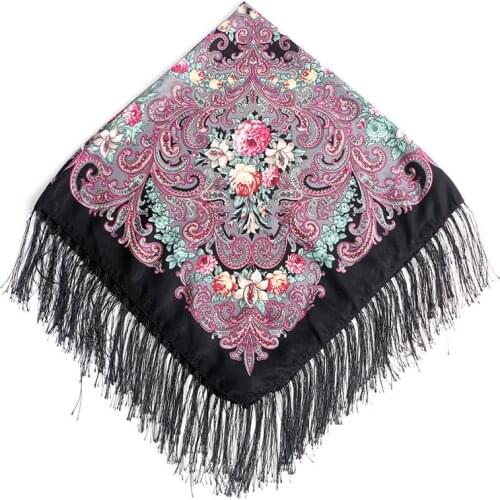 90*90cm Women National Wind Cotton Scarf Square Floral Print Russian Shawls Scarves Female Retro Fringed Russian Foulard Wraps