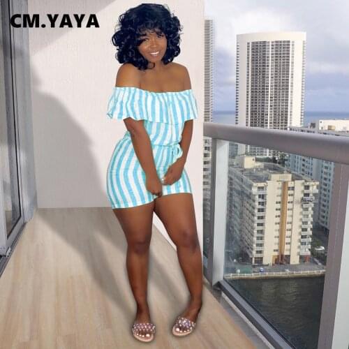 CM.YAYA Women Playsuit Striped Ruffles Slash Neck Bandage Sashes Playsuits Fashion Rompers One Piece Overalls Summer Outfit 2021