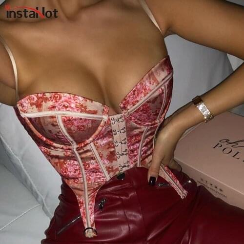 InstaHot Zipper Floral Camis Women Bandage Summer 2021 Elegant Sexy Hot Crop Top Camisole Vintage Spaghetti Strap Corset Casual