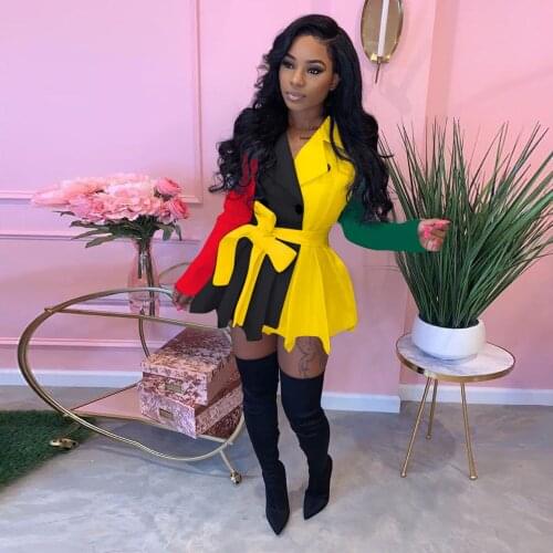 Echoine Spring Autumn Long Sleeve Button Blazer Mini Dress Pleated Sexy OL Dresses Belt Ladies Patchwork Party Club Vestidos