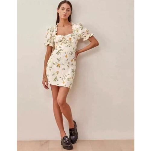 Women Dress 2021 Spring and Summer New Style Rural Style Square Collar Printed Puff Sleeve Open Back Dress Women