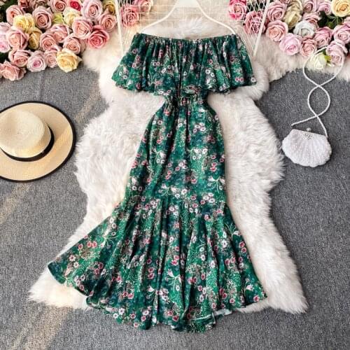 Womens Spring Summer Runway Fashion Floral Print Slash Neck Green Color Dress Female chicTravel Beach Fish Tail Dress TB1878