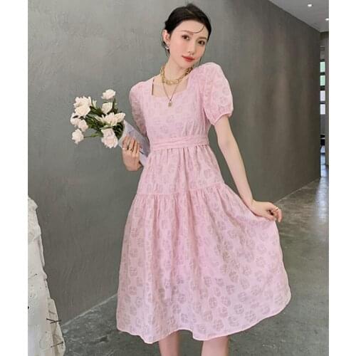 Pink Short Sleeve Dress 2021 Summer Women New Sweet Embossed Square Neck Puff Sleeve Lace-up A-Line Dress