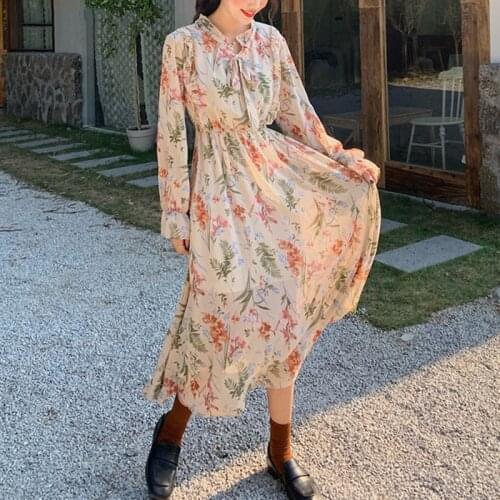 Bella philosophy Vintage Floral Print Women Chiffon Dress Full Sleeve Lace-up Female Dress Slim Waist Midi Vestidos 2020 Spring
