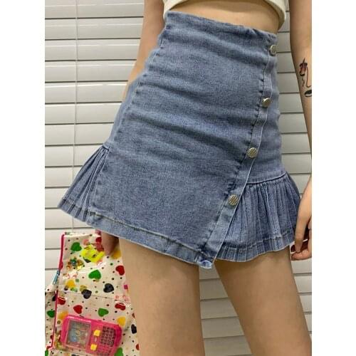 2021 Ancient hot girl design sense bevel button pleated stitching high waist bag hip denim skirt DQ1274