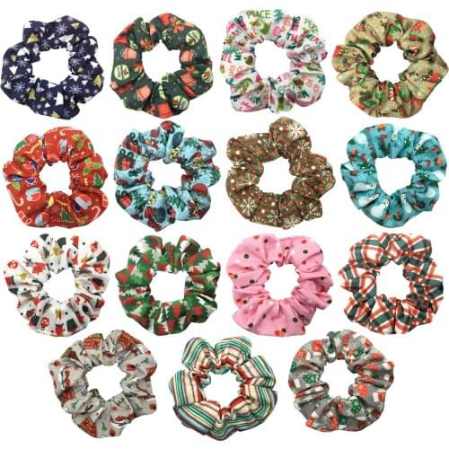 30Pcs 15 Colors Christmas Tree Socks Scrunchies Wholesale Snowman Snowflakes Printed Ponytail Holder Girls Hair Band Bracelet